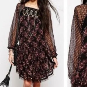 Free People Women's L Elsie Dress ~Midnight Garden Embroidered Bohemian